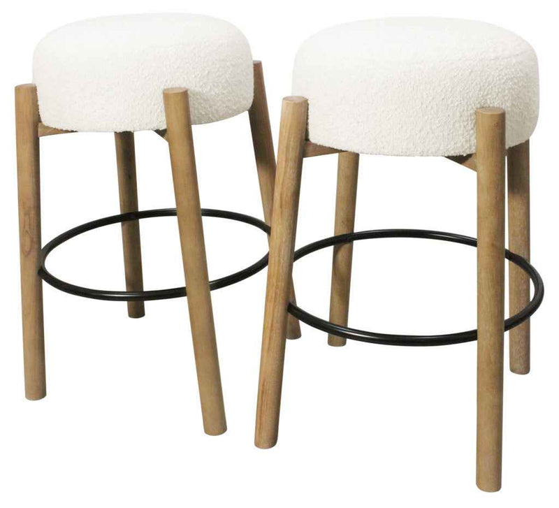 Set of Two Ivory and Natural Fabric and Solid Wood Backless Bar Height Bar Chairs