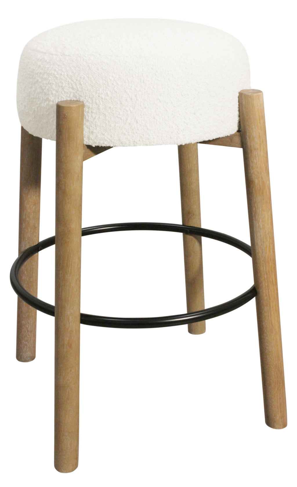 Set of Two Ivory and Natural Fabric and Solid Wood Backless Bar Height Bar Chairs