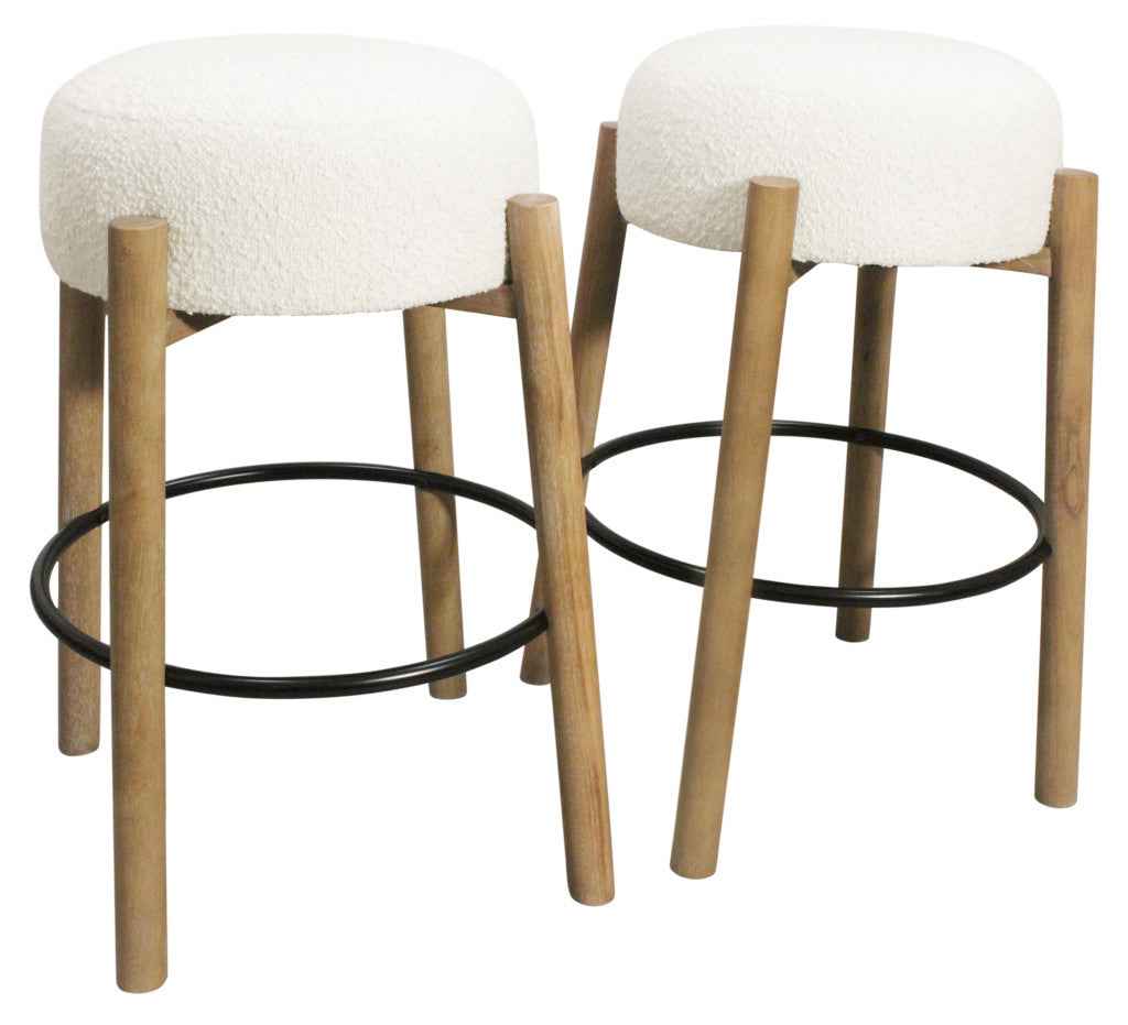 Set of Two Ivory and Natural Fabric and Solid Wood Backless Bar Height Bar Chairs