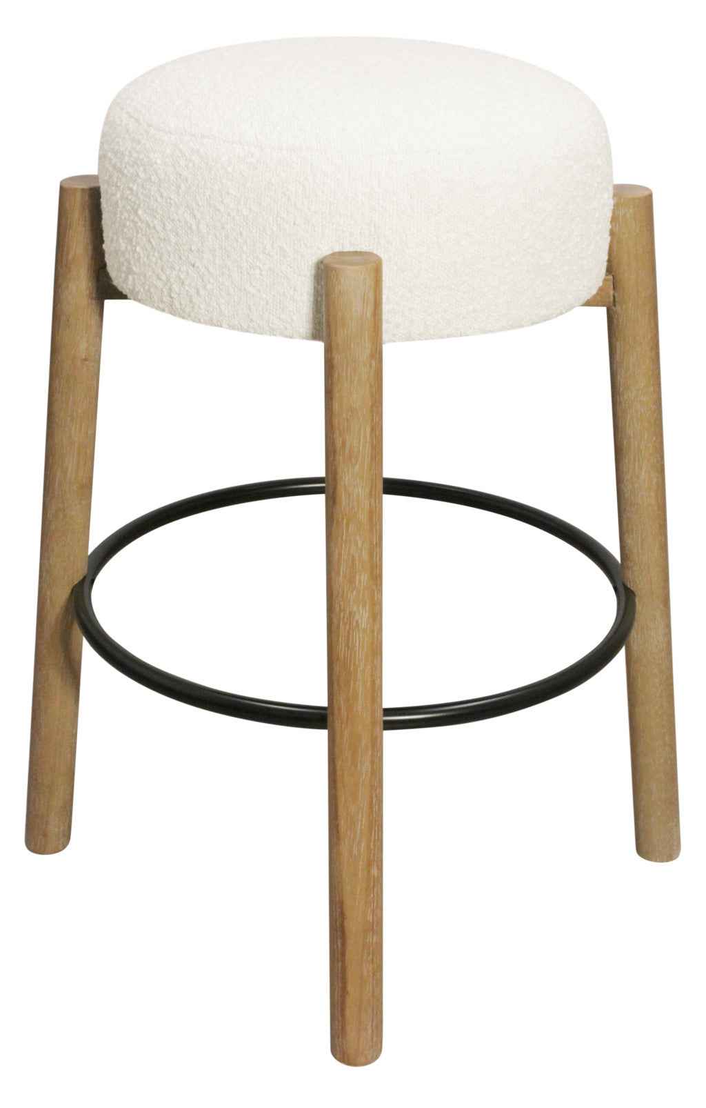 Set of Two Ivory and Natural Fabric and Solid Wood Backless Bar Height Bar Chairs
