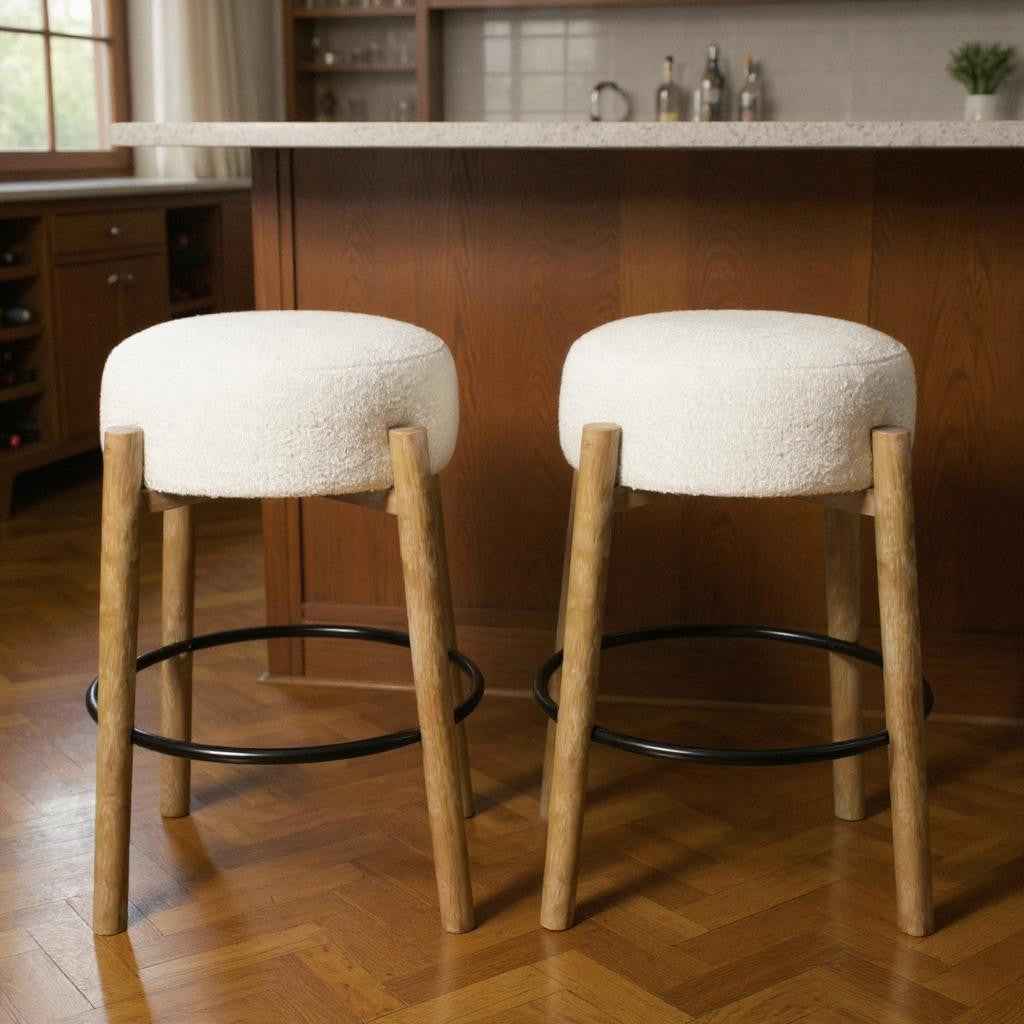 Set of Two Ivory and Natural Fabric and Solid Wood Backless Bar Height Bar Chairs