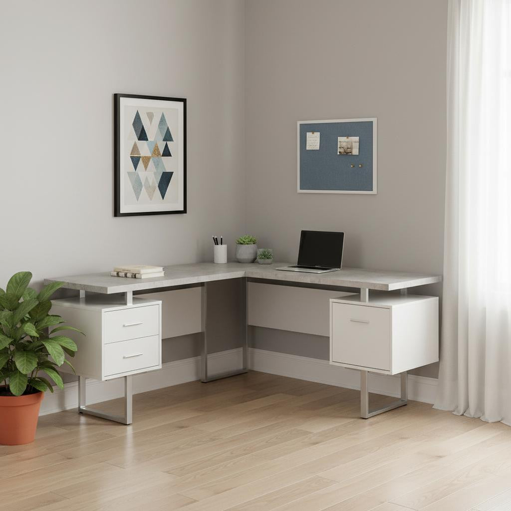 71" Gray and Silver L Shape Computer Desk With Three Drawers - Office Supplies