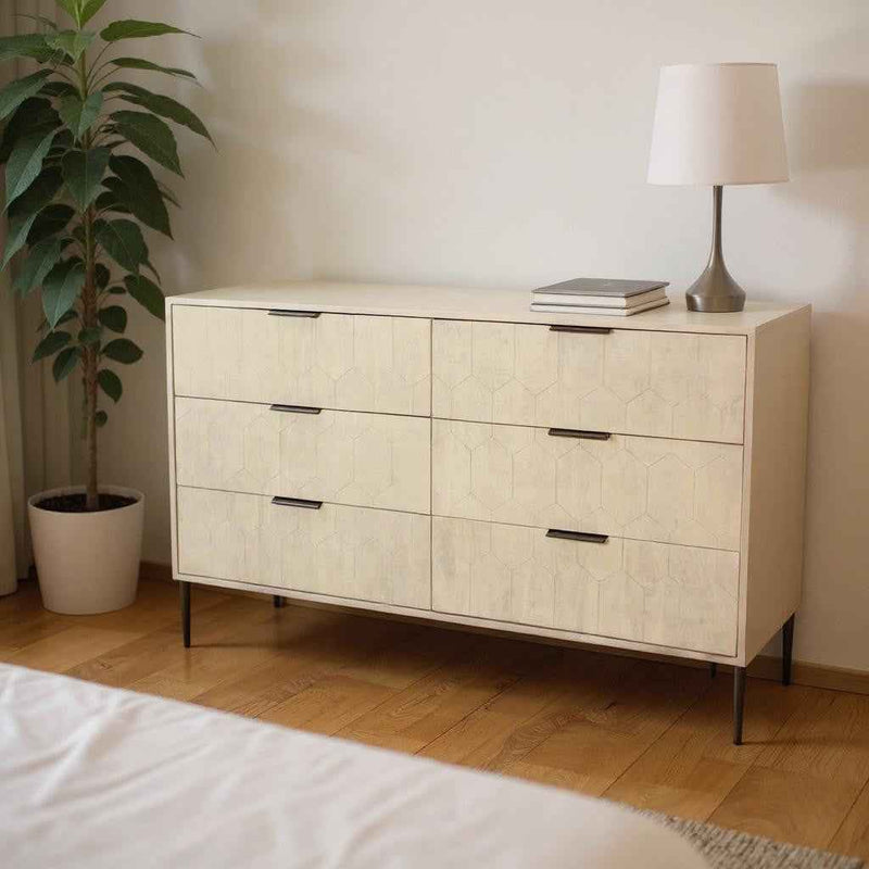 56" Natural Solid Wood Six Drawer Dresser