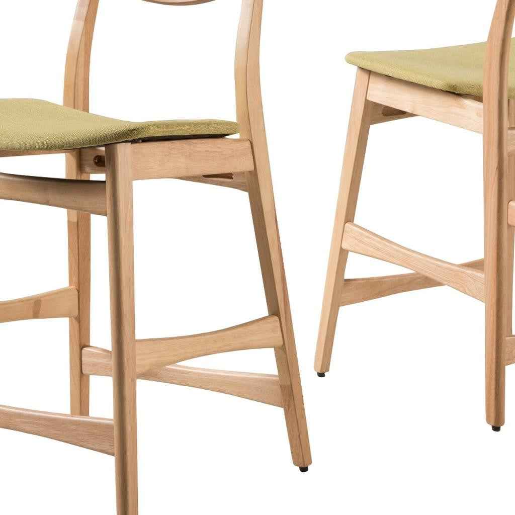 Set of Two Green and Natural Fabric and Wood Low Back Bar Height Bar Chairs
