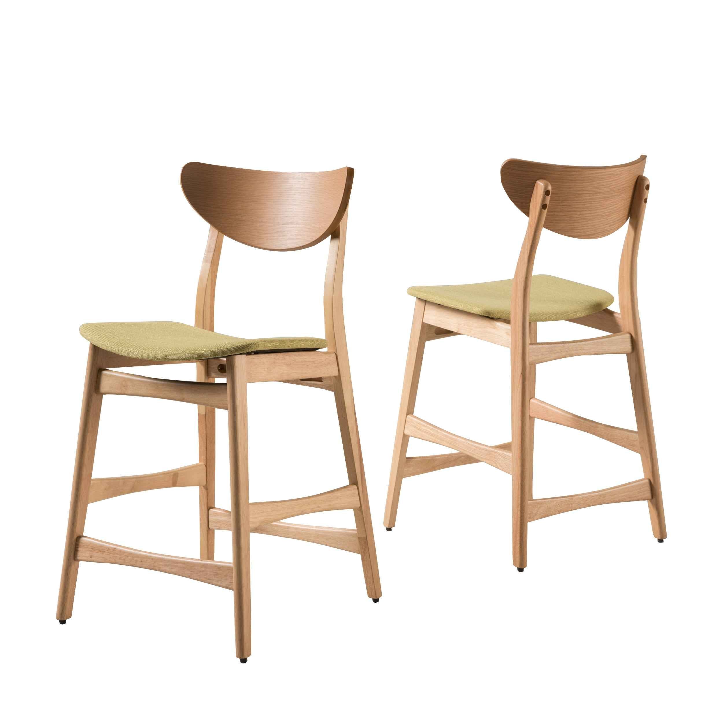 Set of Two Green and Natural Fabric and Wood Low Back Bar Height Bar Chairs