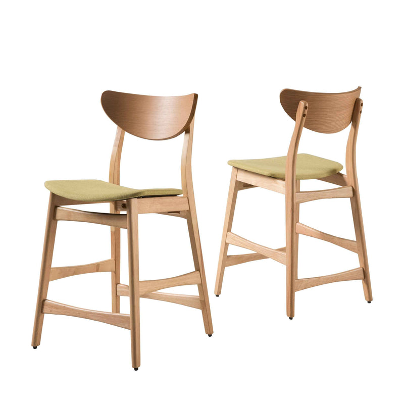 Set of Two Green and Natural Fabric and Wood Low Back Bar Height Bar Chairs