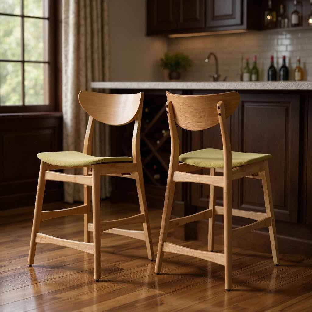 Set of Two Green and Natural Fabric and Wood Low Back Bar Height Bar Chairs