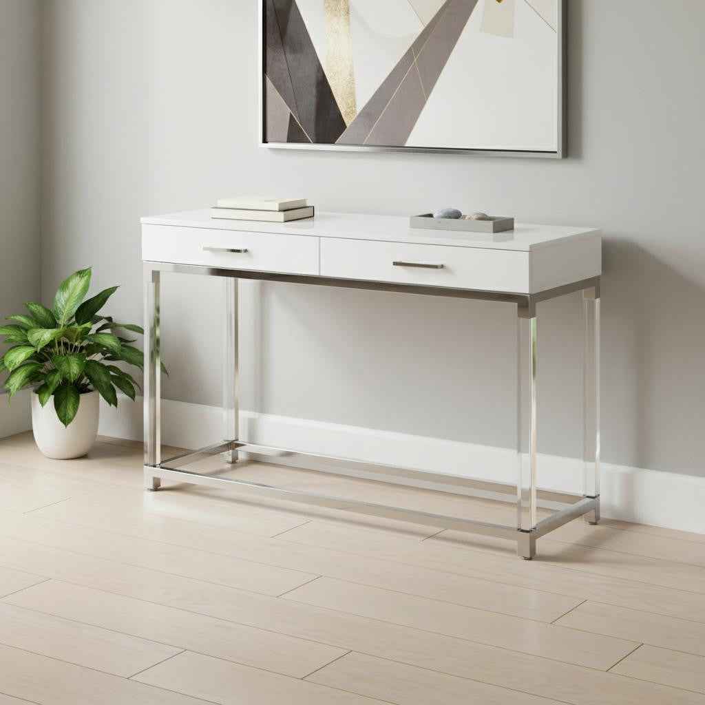 48" White and Silver Wood and Stainless Steel Console Table And With Two Drawers