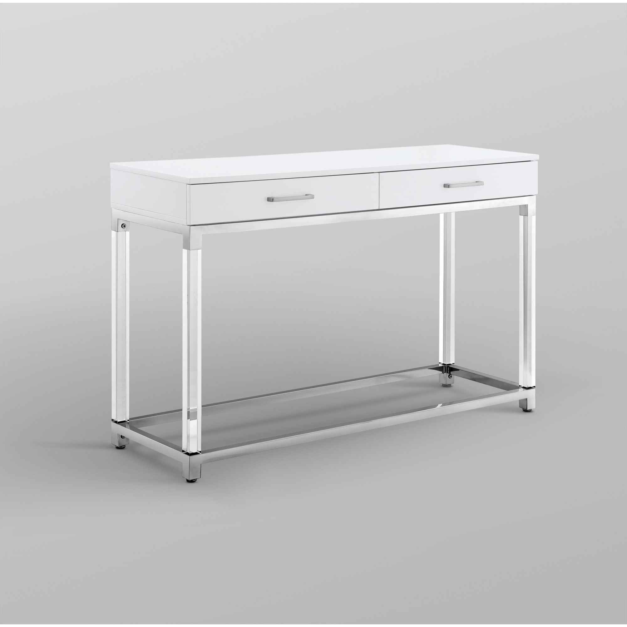 48" White and Silver Wood and Stainless Steel Console Table And With Two Drawers