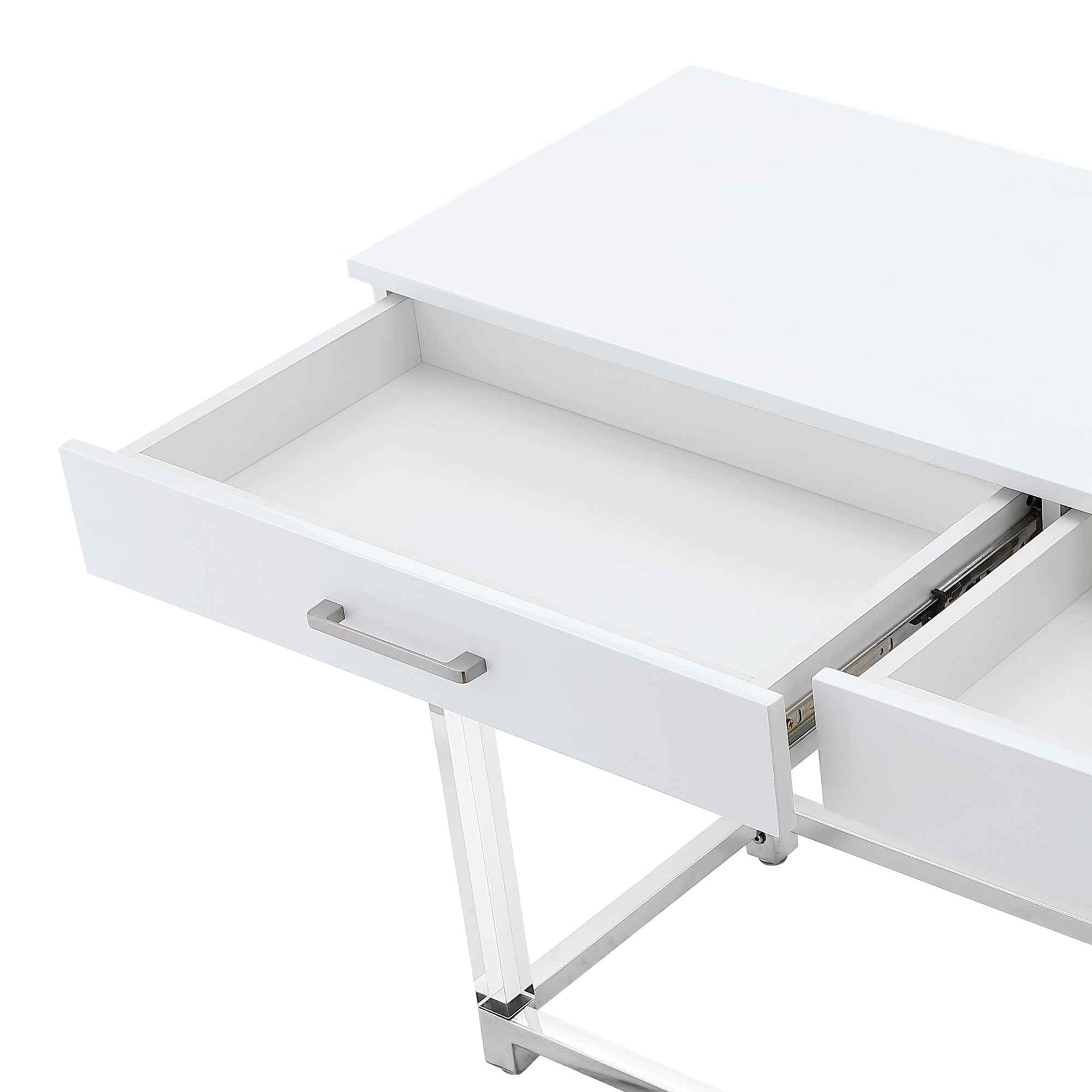 48" White and Silver Wood and Stainless Steel Console Table And With Two Drawers