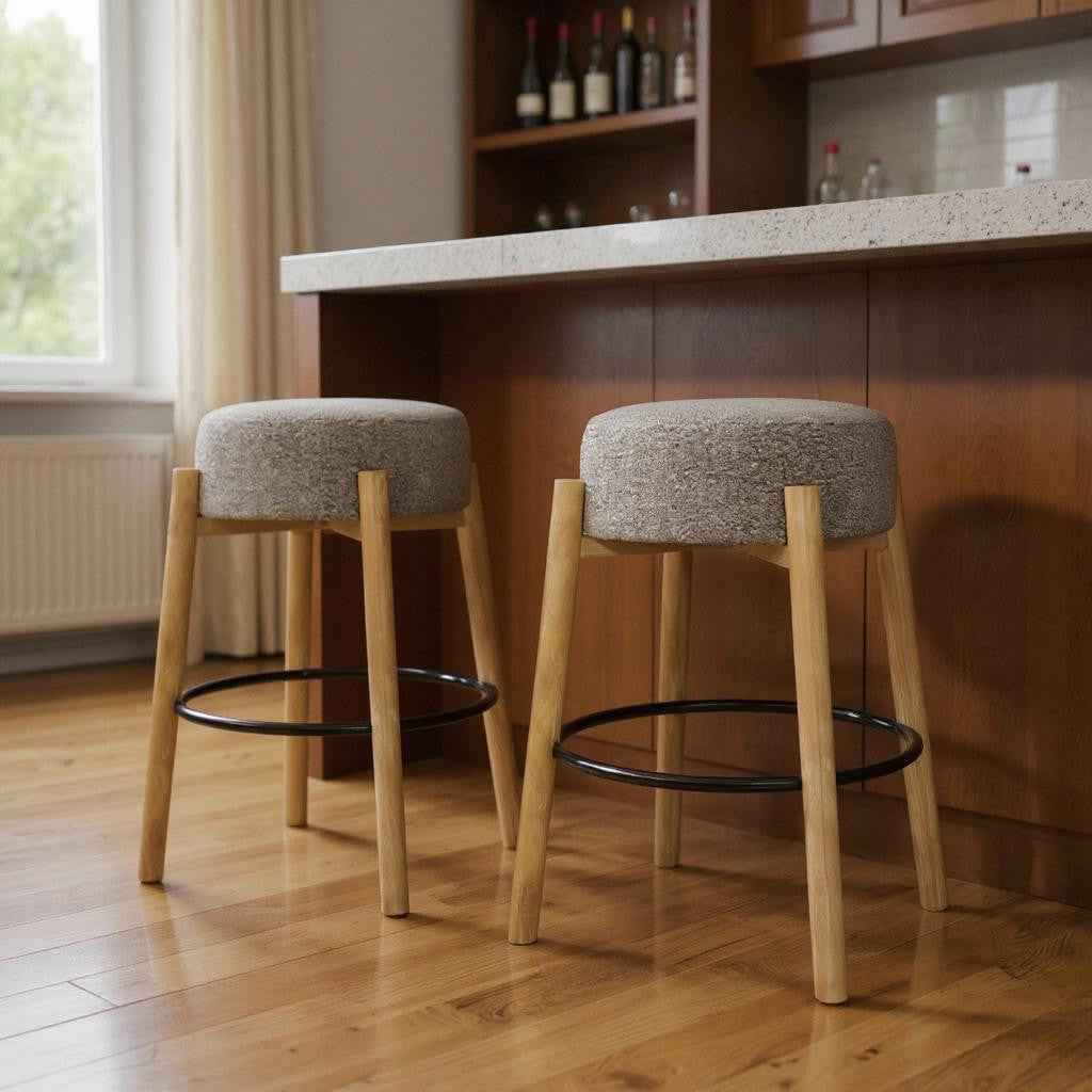 Set of Two Gray and Natural Fabric and Solid Wood Backless Bar Height Bar Chairs