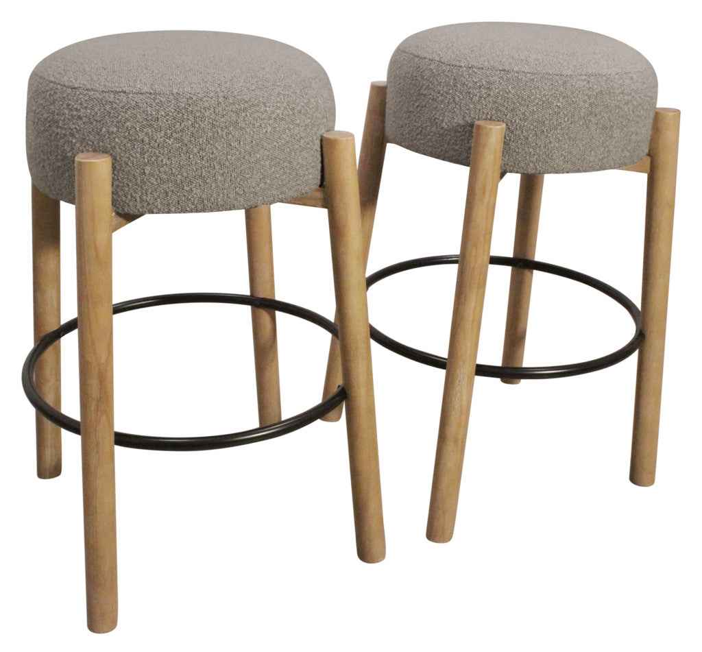 Set of Two Gray and Natural Fabric and Solid Wood Backless Bar Height Bar Chairs