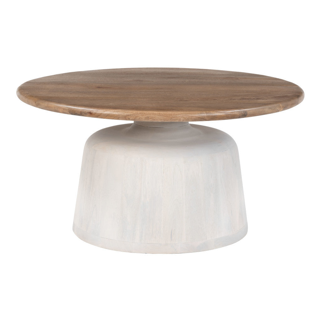 Round pedestal coffee table with brown wood tabletop and white flared base
