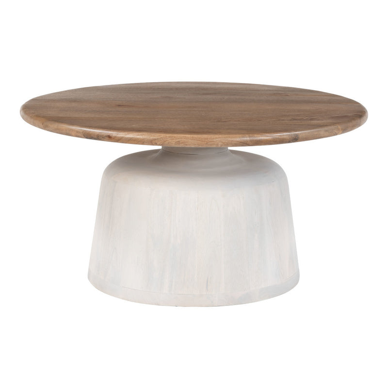 Round pedestal coffee table with brown wood tabletop and white flared base