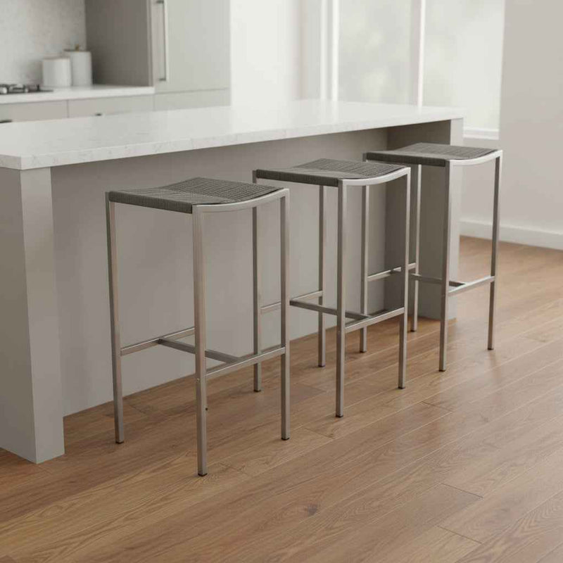 Set of Four 28" Brown and Silver Iron and Steel Backless Counter Height Bar Chairs