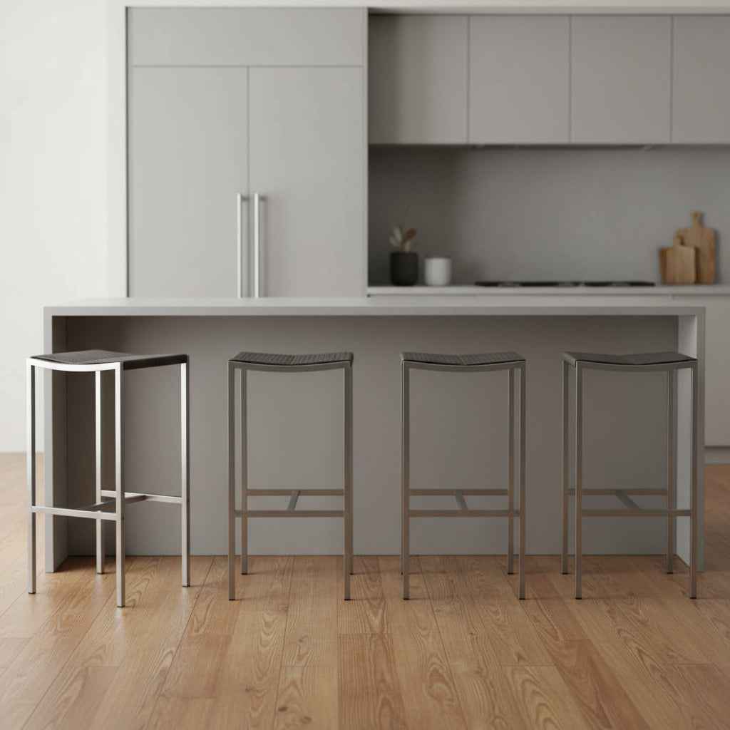 Set of Four 28" Brown and Silver Iron and Steel Backless Counter Height Bar Chairs