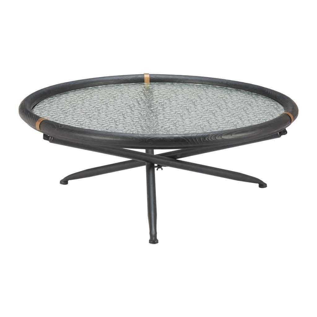 40" Black Glass and Solid Wood Round Sled Coffee Table