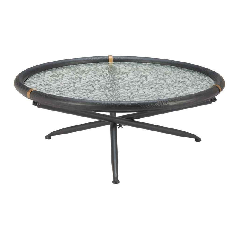 40" Black Glass and Solid Wood Round Sled Coffee Table