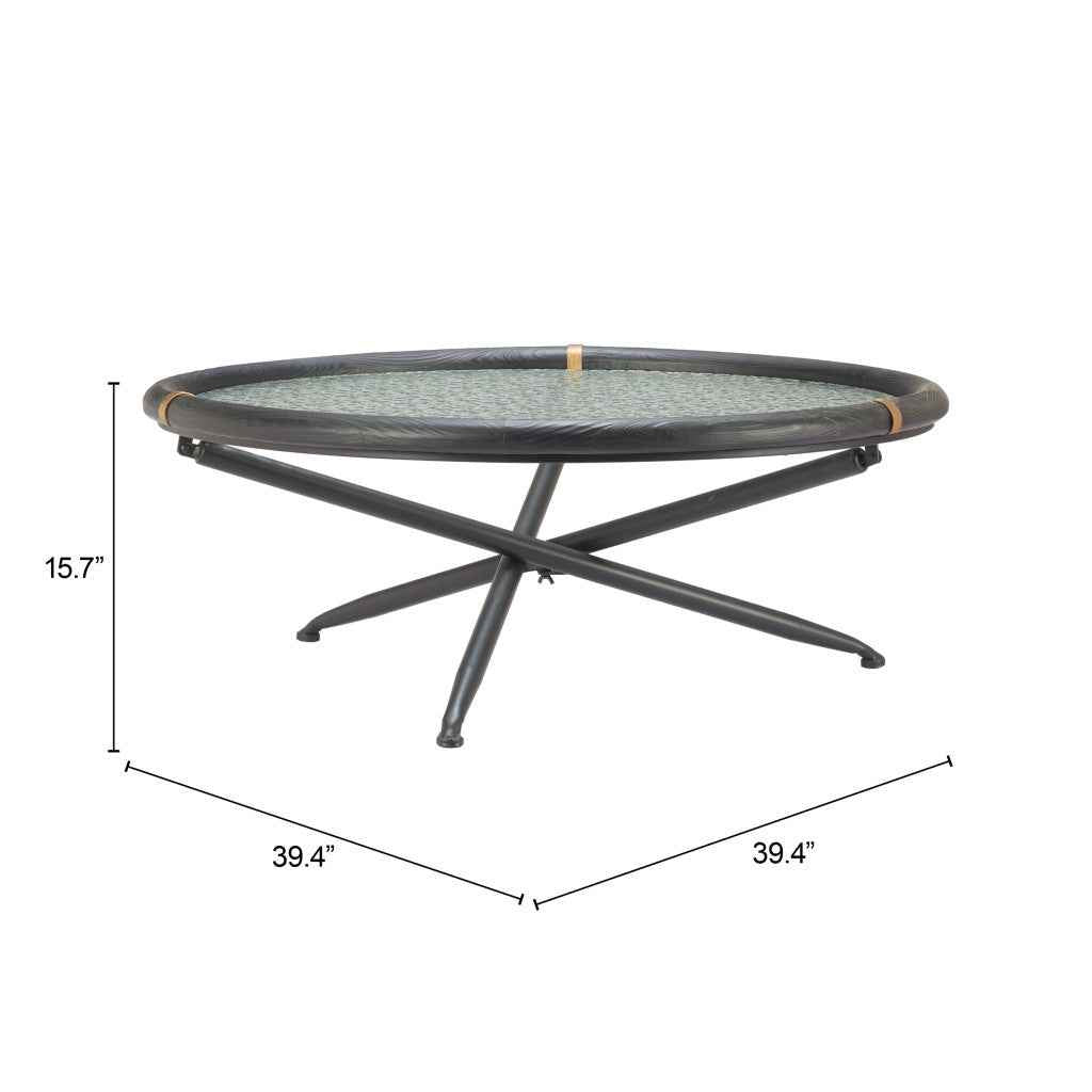 40" Black Glass and Solid Wood Round Sled Coffee Table