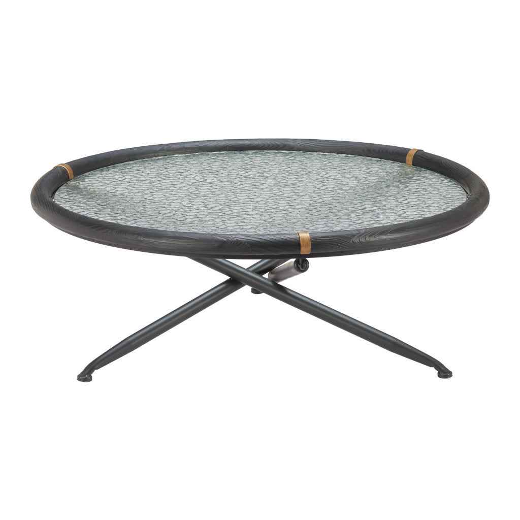 40" Black Glass and Solid Wood Round Sled Coffee Table