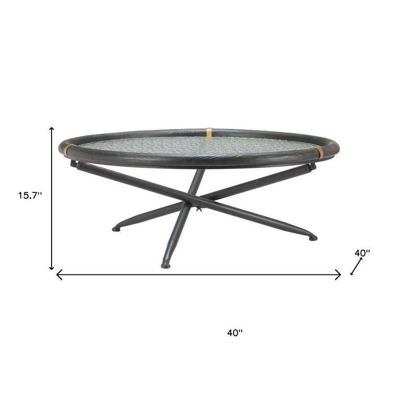 40" Black Glass and Solid Wood Round Sled Coffee Table
