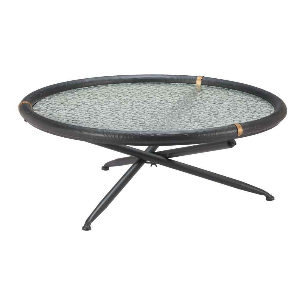40" Black Glass and Solid Wood Round Sled Coffee Table