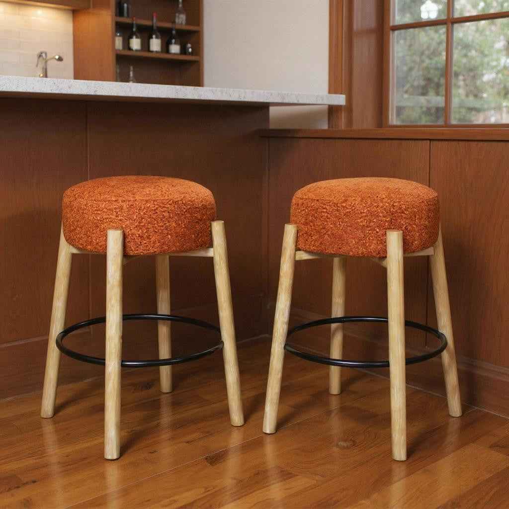 Set of Two Rust and Natural Fabric and Solid Wood Backless Bar Height Bar Chairs