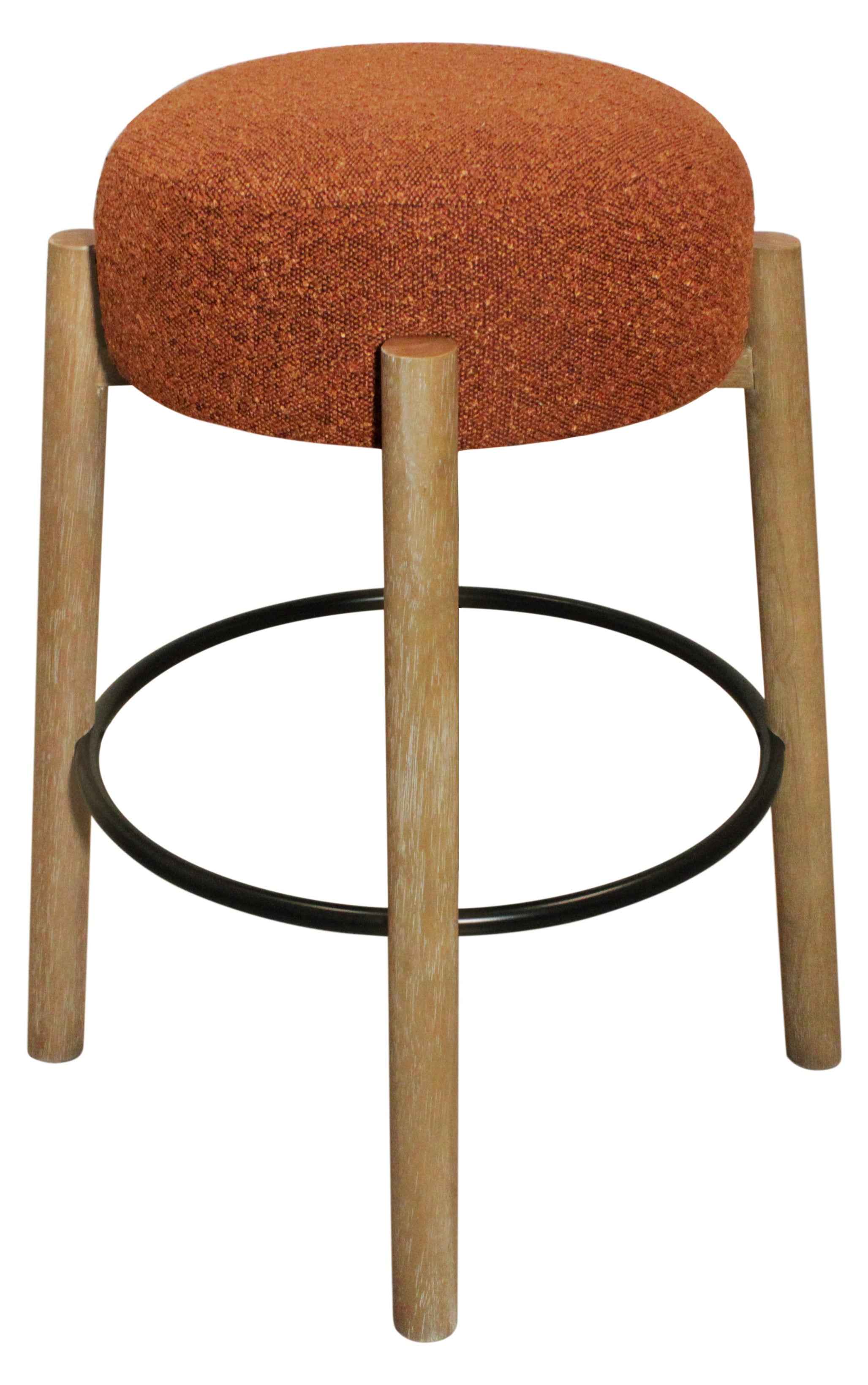 Set of Two Rust and Natural Fabric and Solid Wood Backless Bar Height Bar Chairs