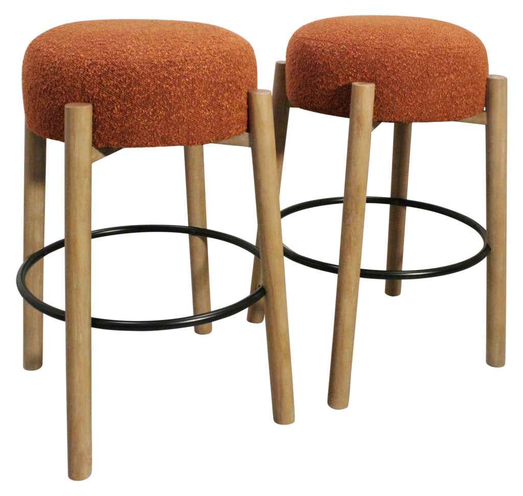 Set of Two Rust and Natural Fabric and Solid Wood Backless Bar Height Bar Chairs