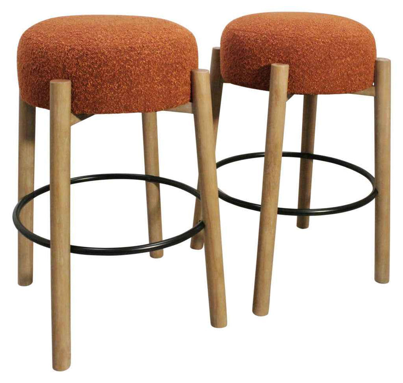 Set of Two Rust and Natural Fabric and Solid Wood Backless Bar Height Bar Chairs