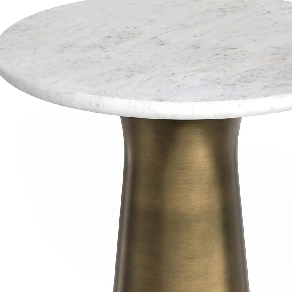 26" Antique Gray White and Antiqued Brass Distressed Marble and Iron Round Pedestal End Table And Trunk Storage - Living Room