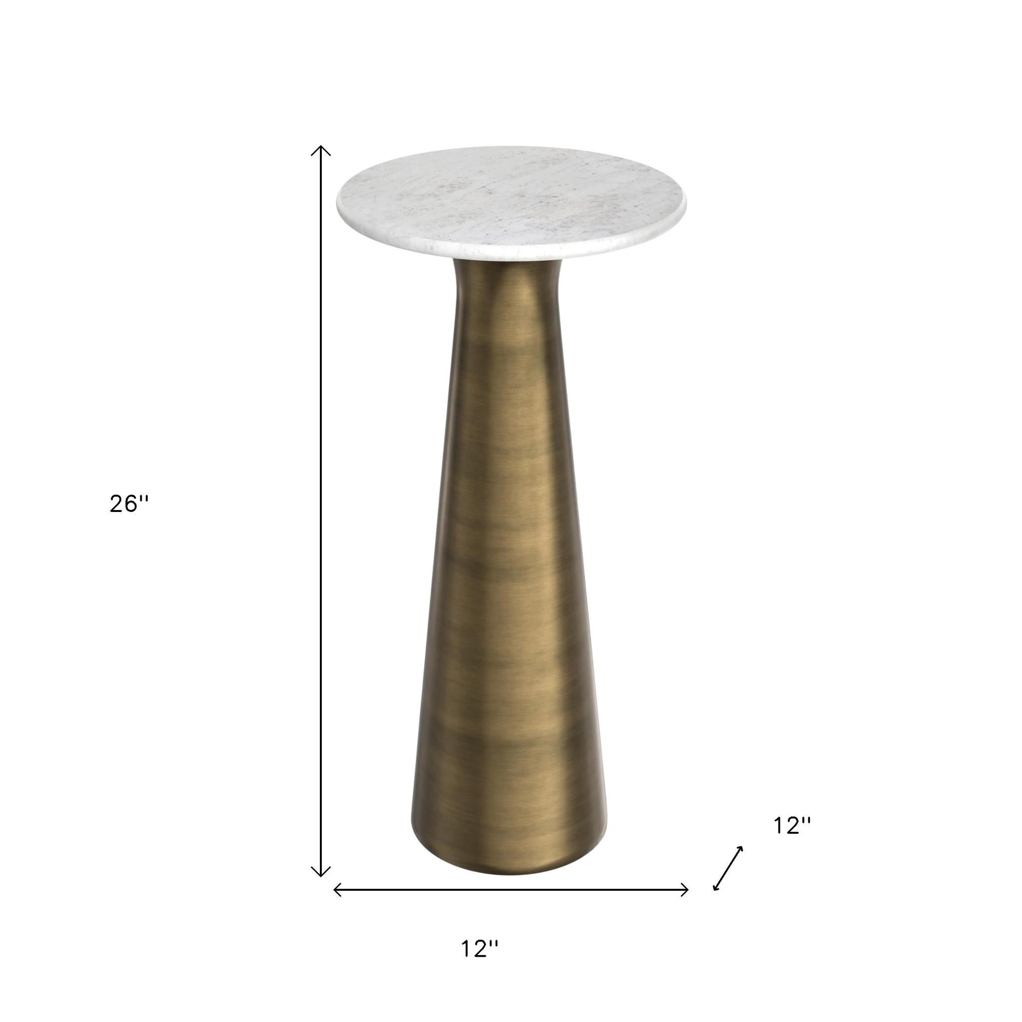26" Antique Gray White and Antiqued Brass Distressed Marble and Iron Round Pedestal End Table And Trunk Storage - Living Room