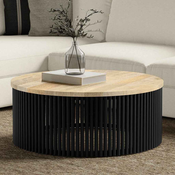 35" Black Solid Wood Round Solid Coffee Table