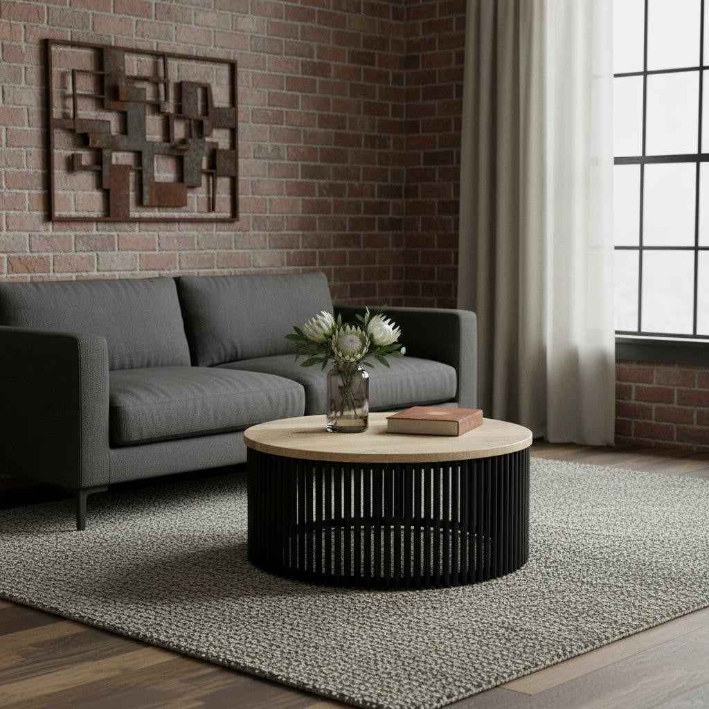 35" Black Solid Wood Round Solid Coffee Table