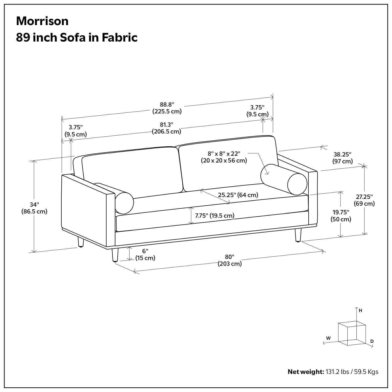 89" Gray Fabric Sofa With Brown Legs