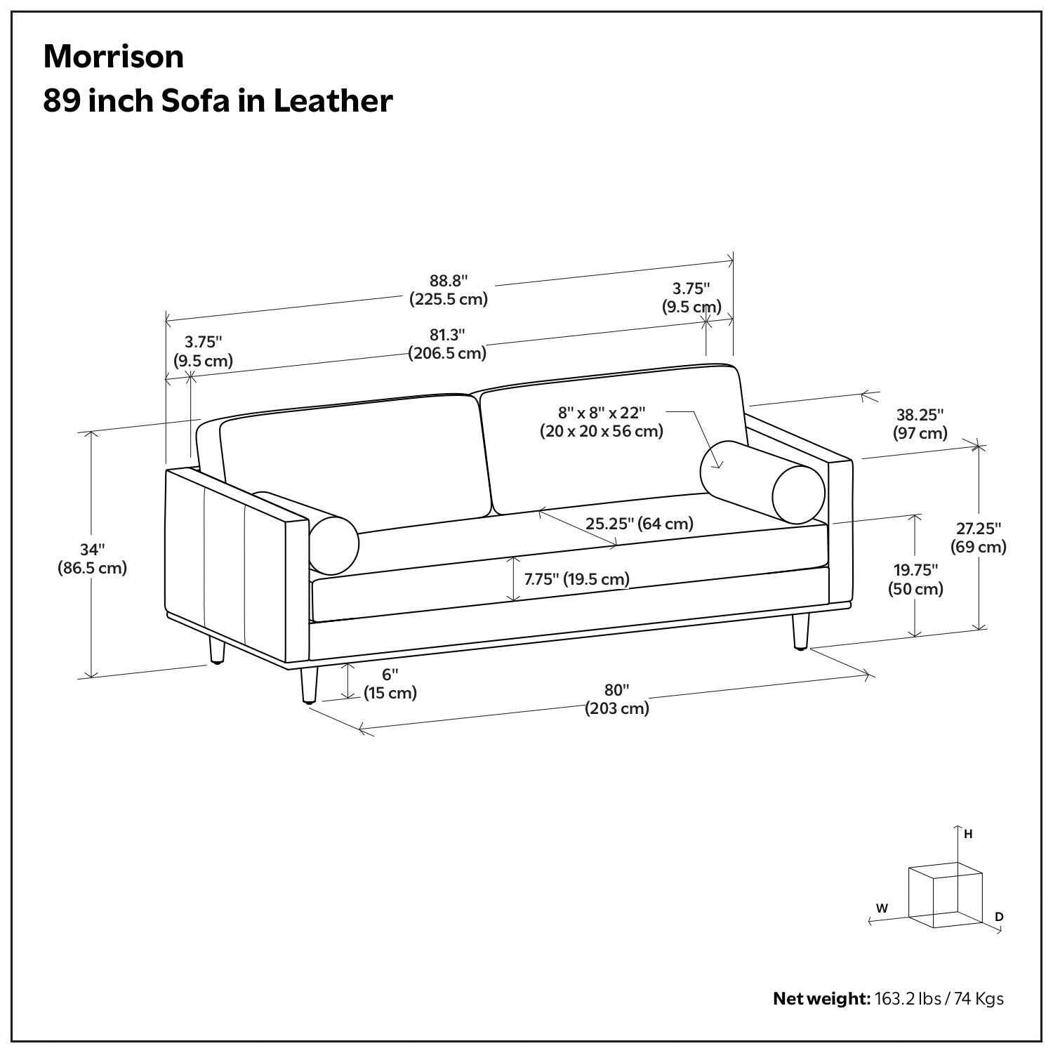 89" Brown Leather Sofa