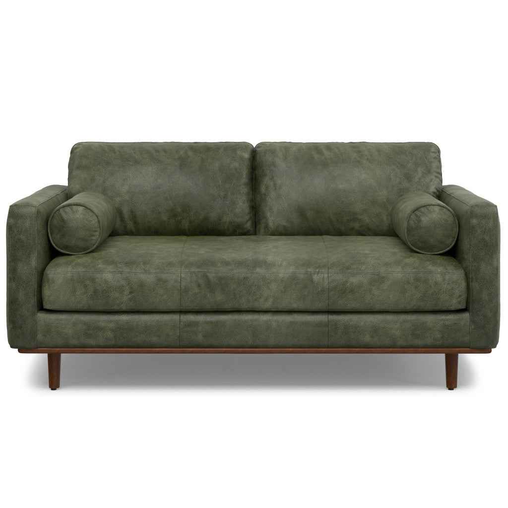 72" Moss Green Leather Sofa With Brown Legs