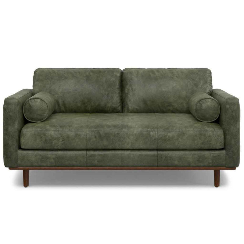 72" Moss Green Leather Sofa With Brown Legs