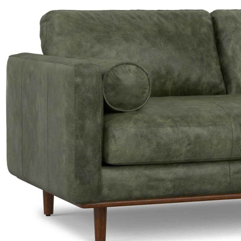 72" Moss Green Leather Sofa With Brown Legs