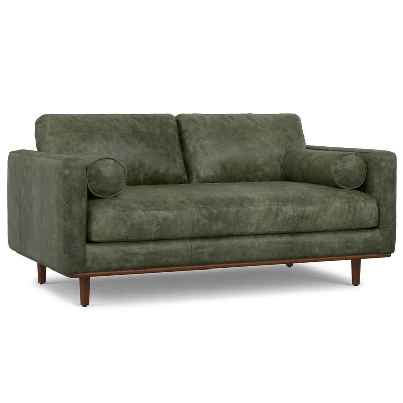 72" Moss Green Leather Sofa With Brown Legs