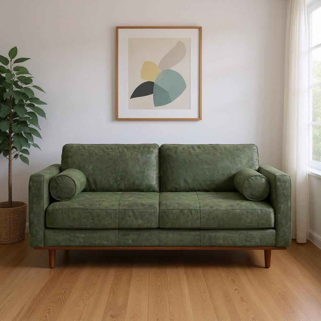 72" Moss Green Leather Sofa With Brown Legs