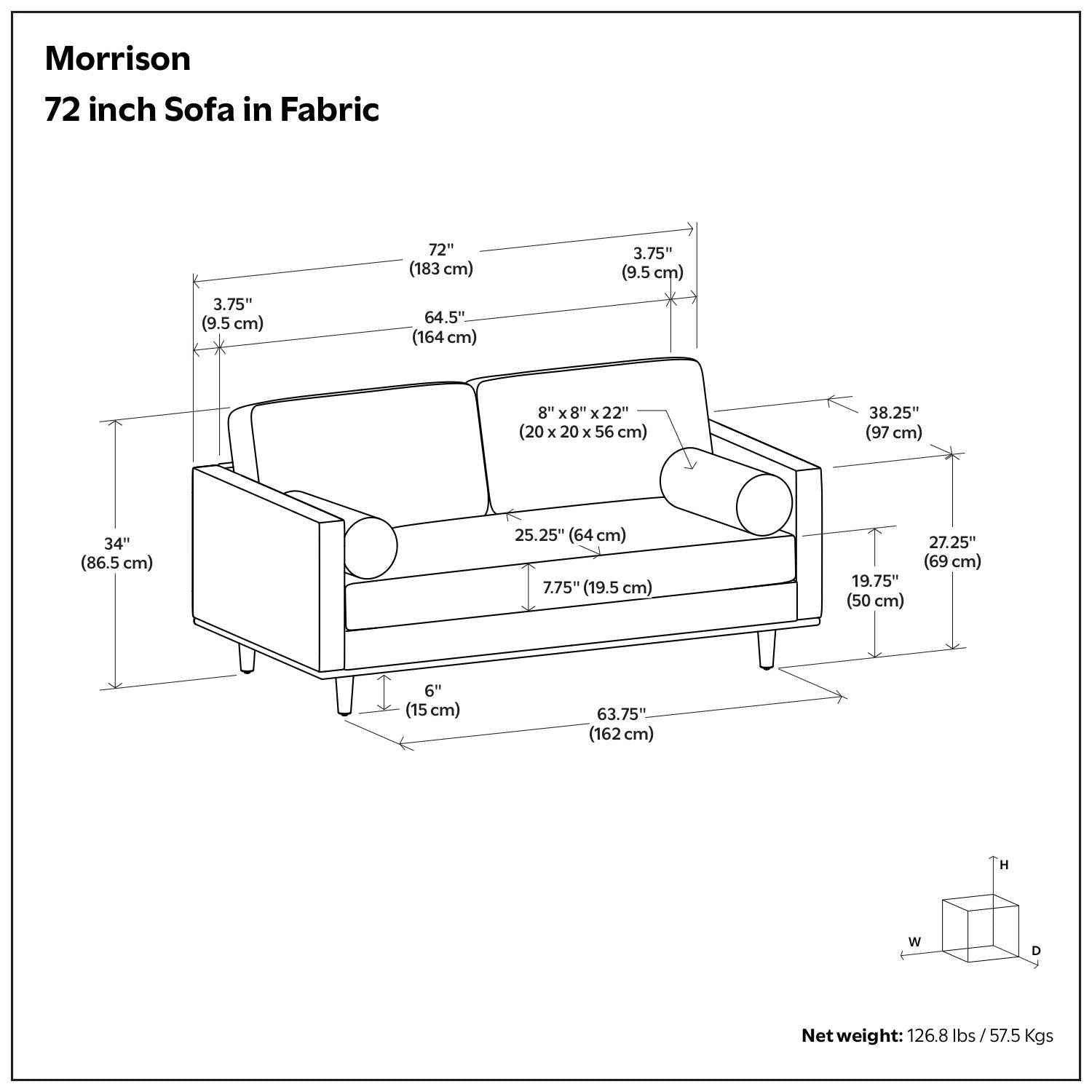 72" Gray Fabric Sofa With Brown Legs