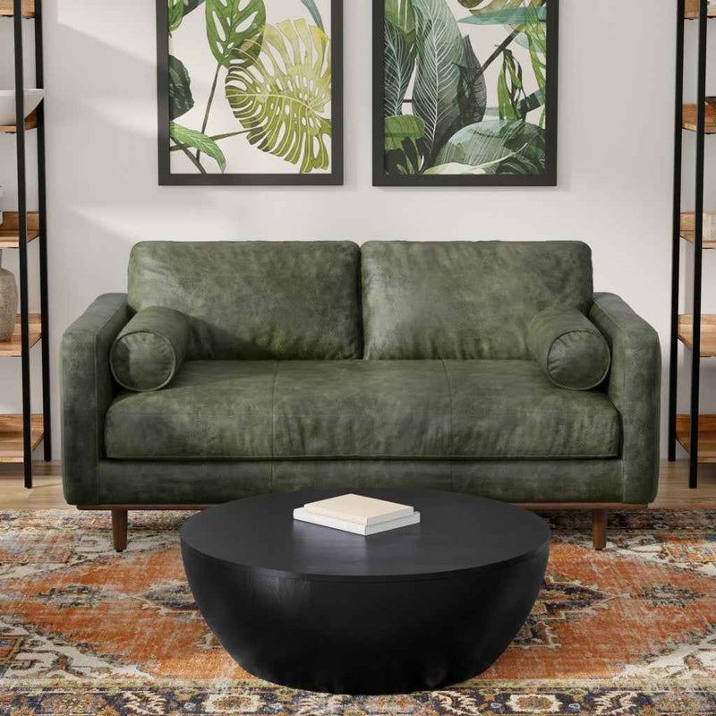 72" Moss Green Leather Sofa With Brown Legs