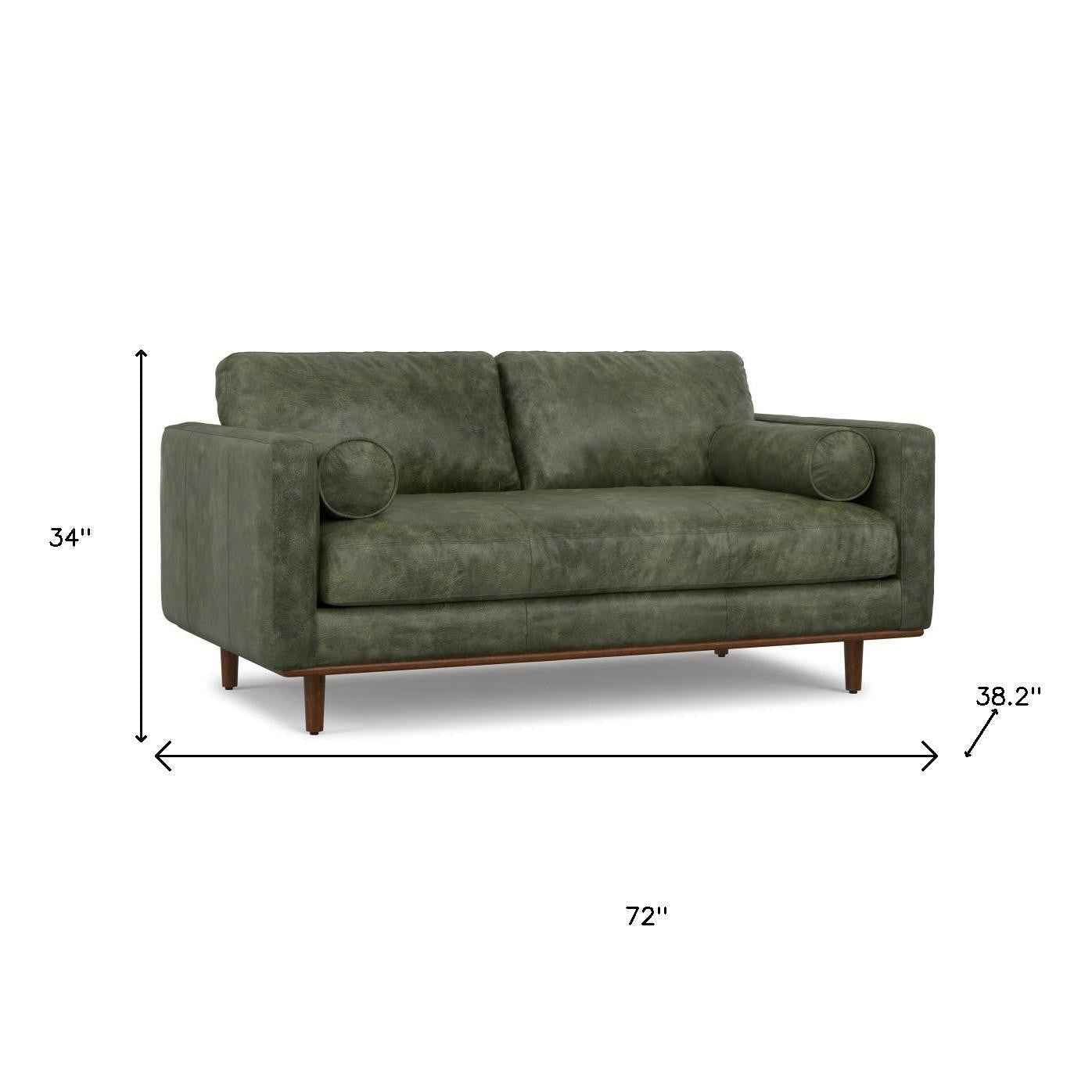 72" Moss Green Leather Sofa With Brown Legs