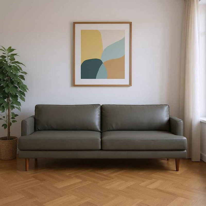 90" Black Leather Sofa With Brown Legs