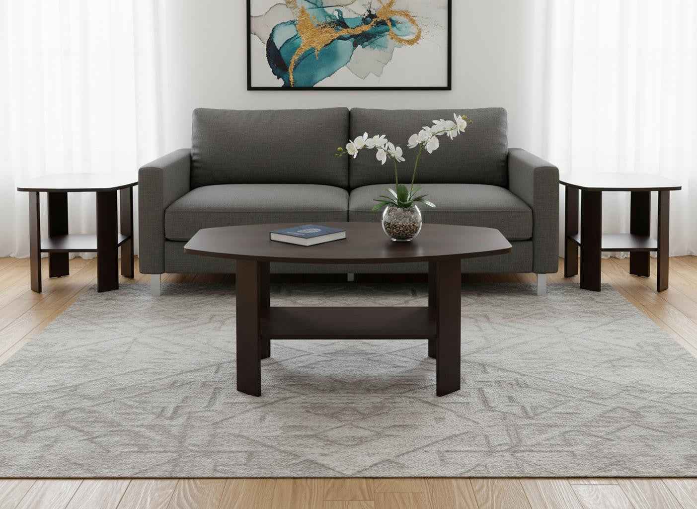 Set of Three 36" Brown Coffee Table With Shelf