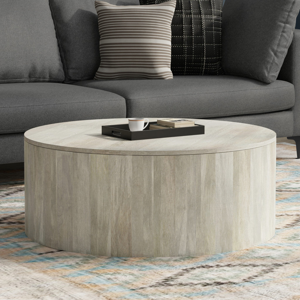 36" White Solid Wood Round Drum Coffee Table - Living Room
