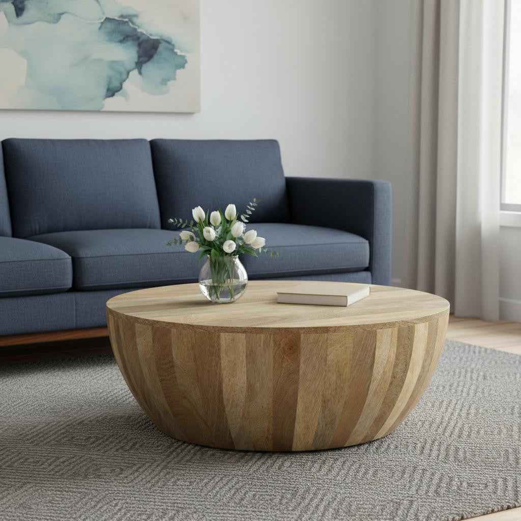 34" Natural Solid Wood Round Solid Coffee Table
