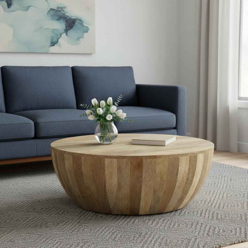 34" Natural Solid Wood Round Solid Coffee Table