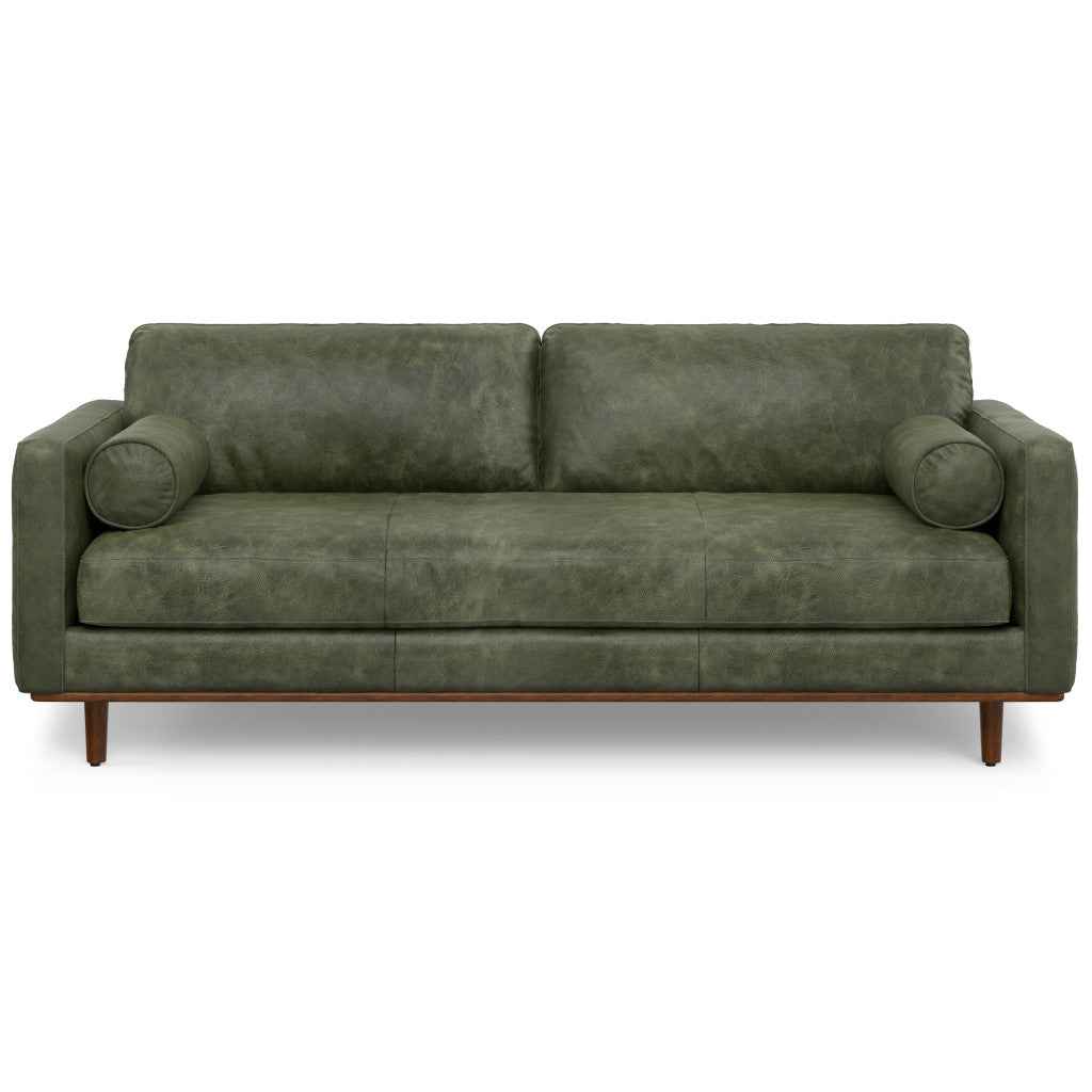 89" Moss Green Leather Sofa With Brown Legs